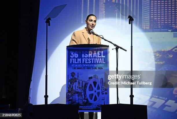 Actor Gal Gadot speaks at the opening night gala for the 36th Israel Film Festival at Saban Theatre on November 13, 2024 in Beverly Hills, California.