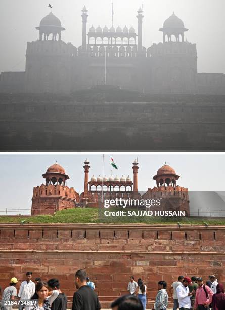 This combination of pictures created on November 18, 2024 shows Red Fort engulfed in thick smog, in the old quarters of Delhi on November 18, 2024...