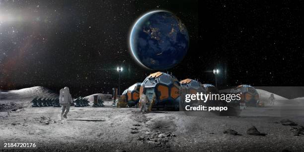 astronauts living on lunar base on moon - military base stock pictures, royalty-free photos & images