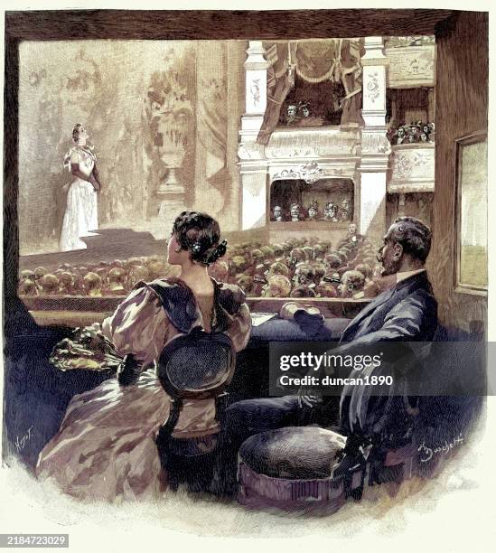 paar in theaterloge schaut sich eine show an, oper, bühne, sänger, viktorianische romanze, szene aus dem roman haine d'amour von daniel lesueur, französisch, 1890er jahre, vintage-illustration 19. jahrhundert - opernhaus stock-grafiken, -clipart, -cartoons und -symbole