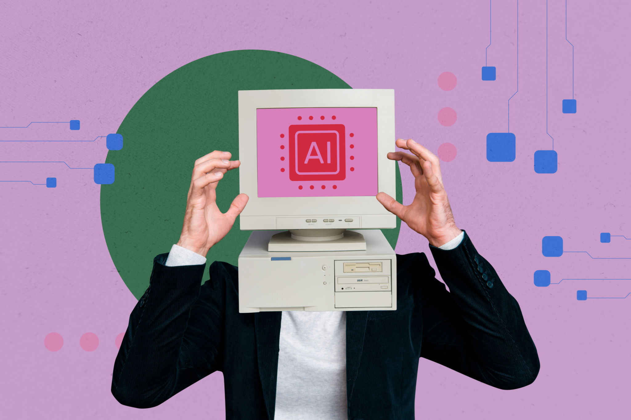 Composite trend artwork sketch image collage of businessman young man work internet computer monitor display head ai bot technology Composite trend artwork sketch image collage of businessman young man work internet computer monitor display head ai bot technology