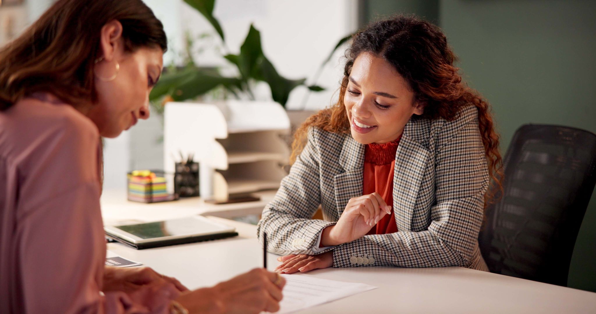 Contract, woman and advisor in office for signature, information or document for job application. Advice, client or human resource agent with paperwork for registration, opportunity or deal agreement Contract, woman and advisor in office for signature, information or document for job application. Advice, client or human resource agent with paperwork for registration, opportunity or deal agreement