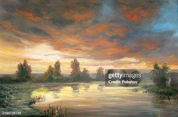 ilustraciones, imágenes clip art, dibujos animados e iconos de stock de crepúsculo en el río, pintura al óleo - lienzo de artista
