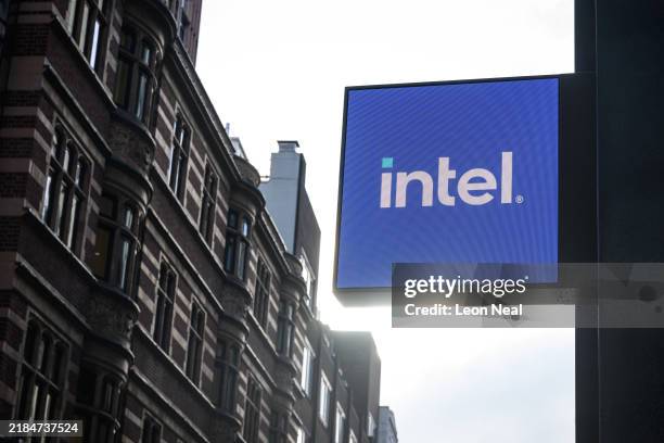 The Intel logo is seen outside a pop-up store on Oxford Street on November 14, 2024 in London, United Kingdom.