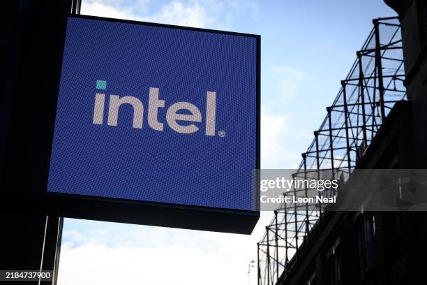The Intel logo is seen outside a pop-up store on Oxford Street on November 14, 2024 in London, United Kingdom.