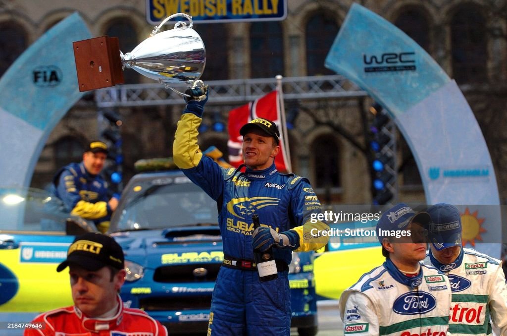 Subaru Rally Podium Rally winner Petter Solberg Subaru celebrates victory on the podium ...