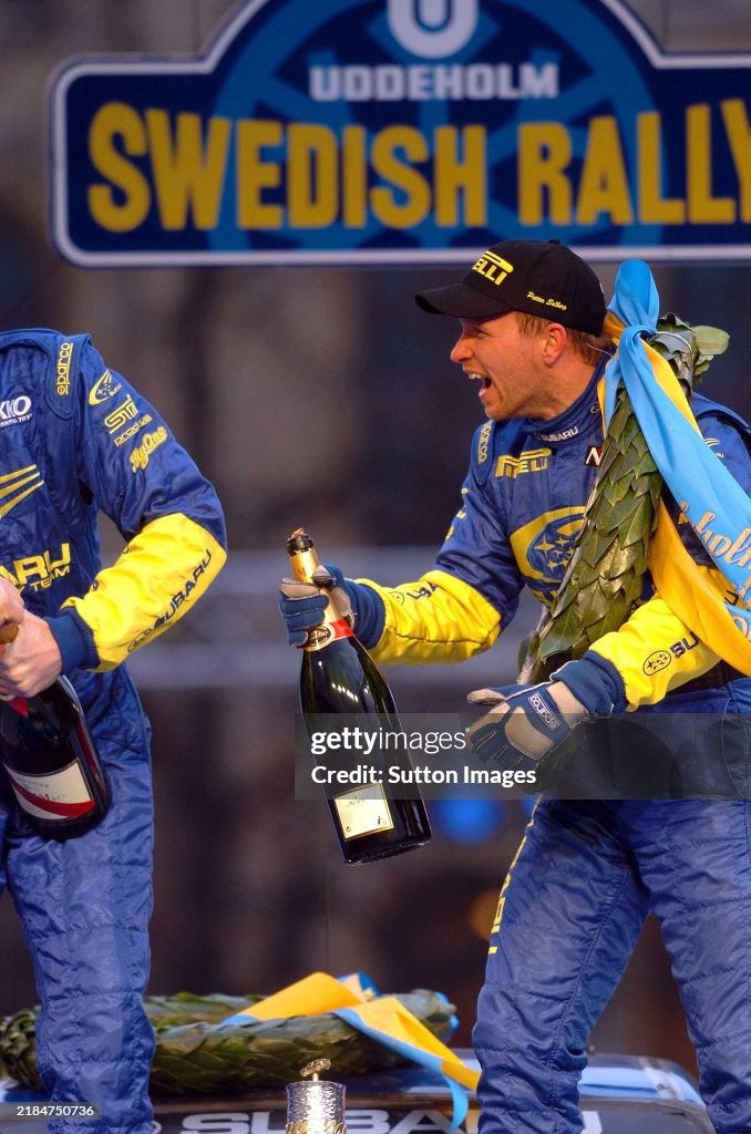 Subaru Rally Podium Rally winner Petter Solberg Subaru celebrates on the podium. World ...