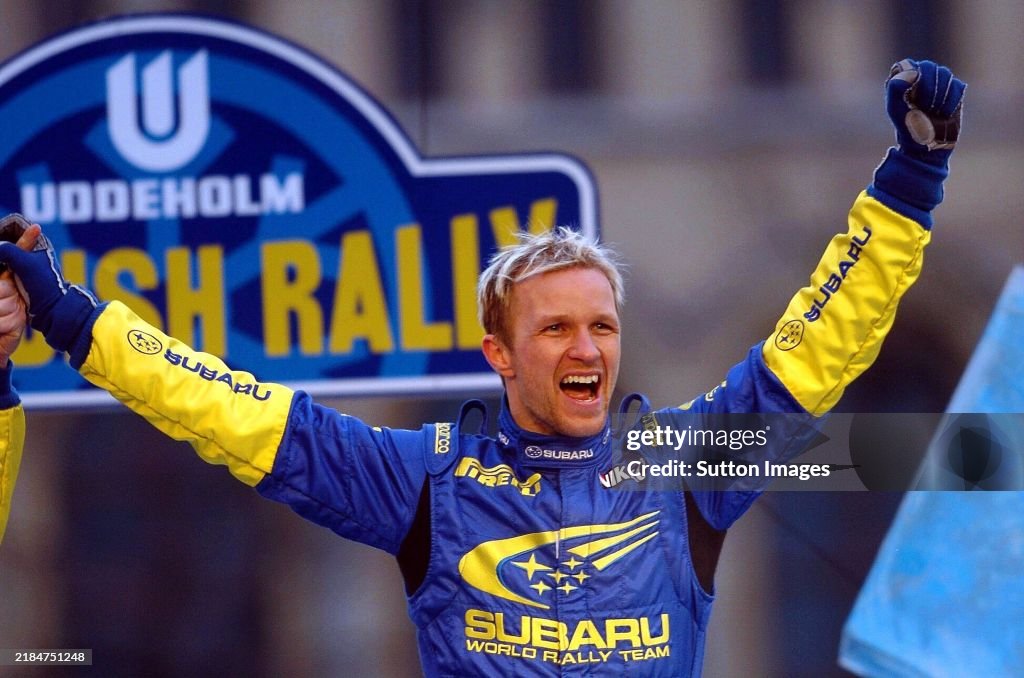 Subaru Rally Podium Rally winner Petter Solberg Subaru celebrates on the podium. World ...