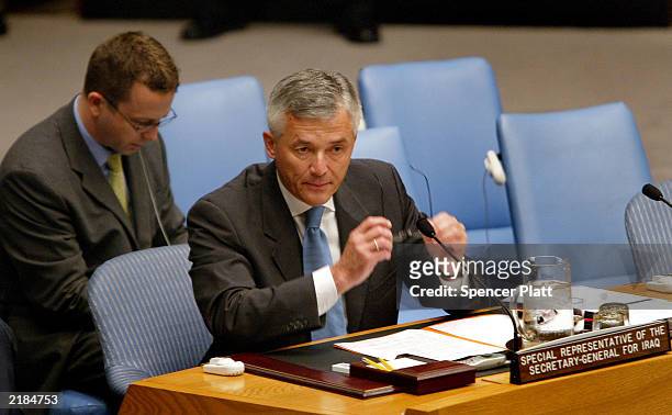Sergio Viera de Mello, Secretary General Kofi Annan 's envoy to Iraq, prepares to speak at the U.N. Security Council meeting at the United Nations...