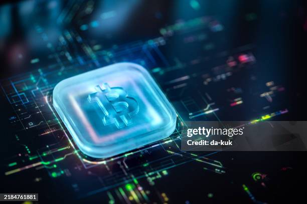 futuristic cryptocurrency concept with digital bitcoin symbol - blockchain stockfoto's en -beelden