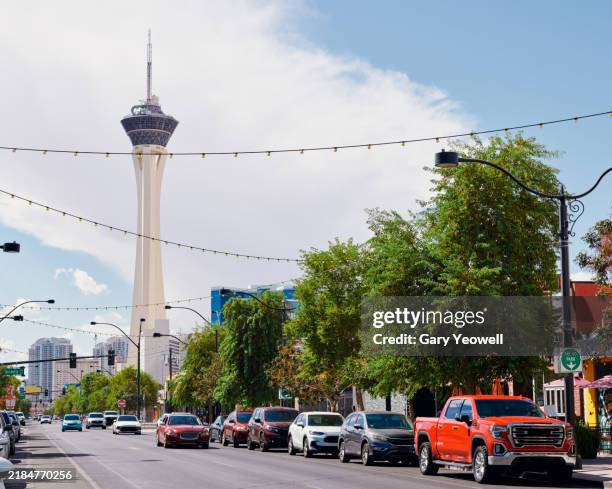downtown las vegas in daytime - stratosphere stock pictures, royalty-free photos & images