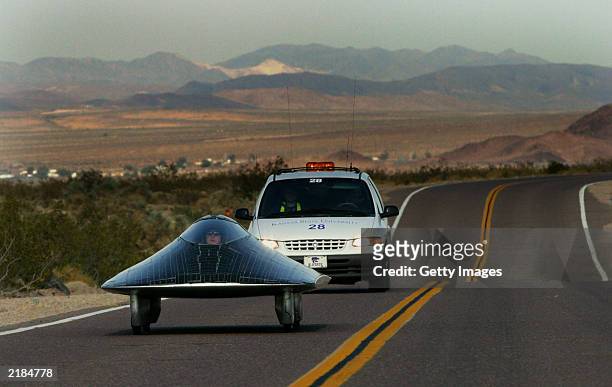 In this handout photo from the American Solar Challenge, Kansas State University's solar car follows Route 66 during the American Solar Challenge...