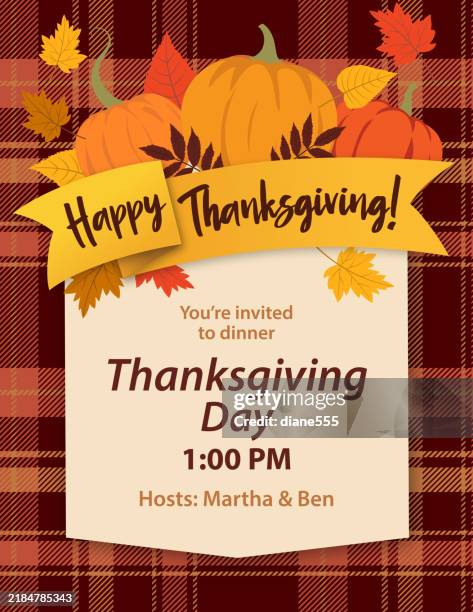 happy thanksgiving day dinner invitation template on a plaid base - dinner feast stock illustrations