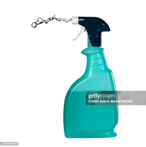 spray bottle with a jet of disinfectant liquid on a white background. - laundry-detergent-containers stock pictures, royalty-free photos & images