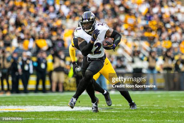 Baltimore Ravens running back Derrick Henry runs with the ball during the regular season NFL football game between the Baltimore Ravens and...