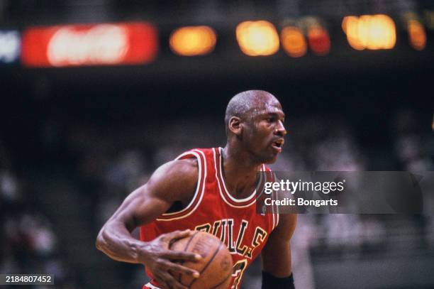 American basketball player Michael Jordan of Chicago Bulls in action during Miami Heat vs Chicago Bulls game at the Miami Arena, Miami, Florida, US,...