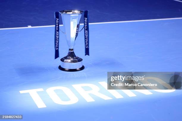 The trophy of ATP Finals is displayed during the Men's Singles final match between Jannik Sinner of Italy and Taylor Fritz of USA on Day eight of the...