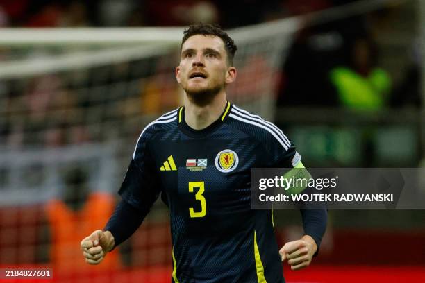 Scotland's defender Andrew Robertson celebrates scoring the 1-2 goal during the UEFA Nations League, League A Group A1 football match Poland vs...