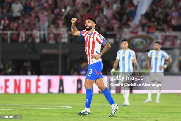 Omar Alderete of Paraguay celebrates after scoring the team's second goal during the South American FIFA World Cup 2026 Qualifier match between...