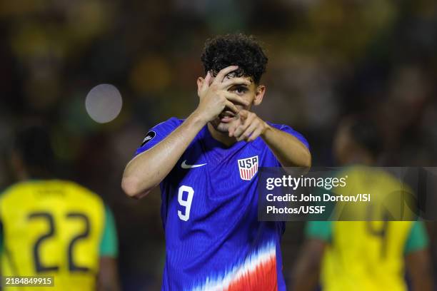 Ricardo Pepi of the United States celebrates scoring during the first half against Jamaica at National Stadium on November 14, 2024 in Kingston,...