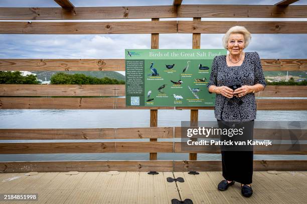 Princess Beatrix of the Netherlands visits the Great Salt Pond bird viewing point on November 14, 2024 in St. Maarten, St. Maarten.