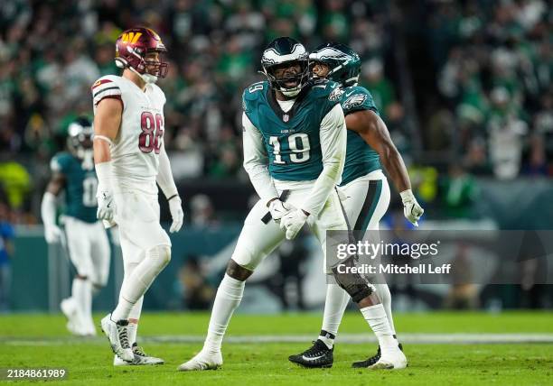 Josh Sweat of the Philadelphia Eagles reacts after a sack against the Washington Commanders during the second quarter at Lincoln Financial Field on...