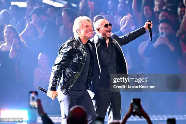 Jon Bon Jovi and Pitbull perform onstage during the 25th Annual Latin GRAMMY Awards at Kaseya Center on November 14, 2024 in Miami, Florida.