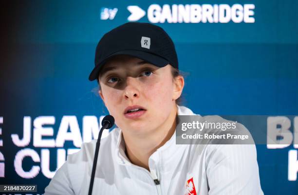 Iga Swiatek of Poland talks to the media after the Billie Jean King Cup Finals semi-final match between Poland and Italy at Palacio de Deportes Jose...