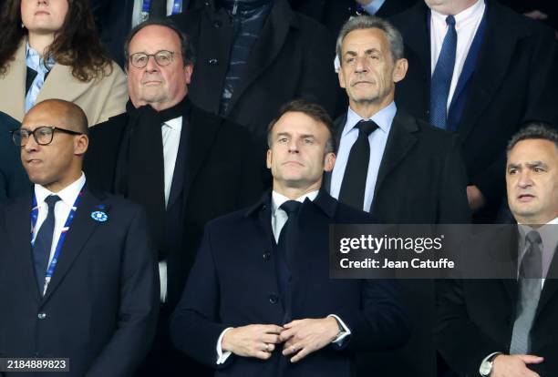President of France Emmanuel Macron, above Francois Hollande, Nicolas Sarkozy attend the UEFA Nations League 2024/25 League A Group A2 football match...