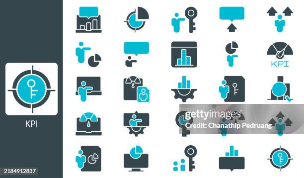 key performance indicator icon set. solid icon collection. vector illustration. stock illustration icon symbol, kpi, chart, analyzing - performance evaluation stock illustrations