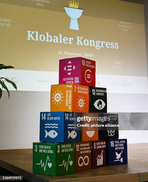 November 2024, Berlin: Cubes with the UN Sustainable Development Goals stand next to and on the stage at the Toilet Congress. For World Toilet Day...