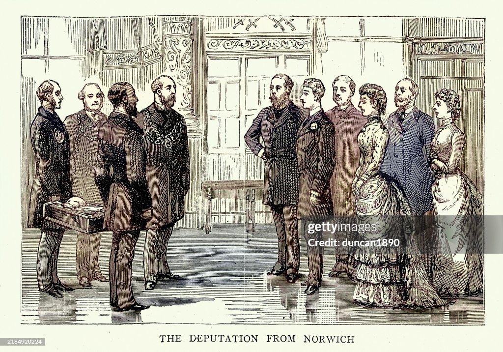 British Royal History, Coming of age of Prince Albert Victor, Duke of Clarence and Avondale, Beputation from Norwich, 1885, Vintage illustration 19th Century