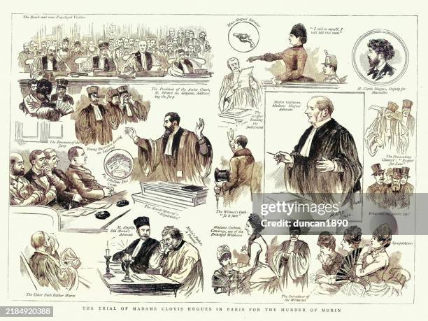 illustrations, cliparts, dessins animés et icônes de histoire judiciaire criminelle, procès de madame clovis hugues à paris pour le meurtre de morin, 1885, illustration vintage 19ème siècle - audience au tribunal
