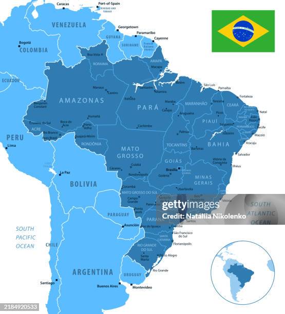 ilustrações de stock, clip art, desenhos animados e ícones de brazil - detailed map with regions and cities of the country. - américa do sul