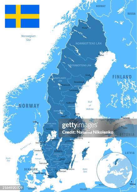 bildbanksillustrationer, clip art samt tecknat material och ikoner med sweden - detailed map with regions and cities of the country. - sweden map