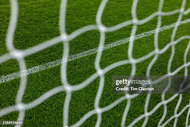 Generic image of a professional soccer goal mouth showing the netting, goal mouth and goal line at Aviva Stadium on November 14th in Dublin, Ireland.