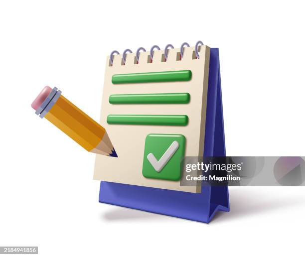 desk calendar with task list and checkmark button, pencil icon for planning and organization, vector illustration - green check mark transparent background stock illustrations