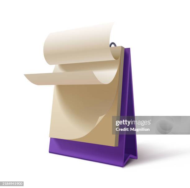 3d desktop flip notebook with open pages on purple stand, vector illustration - folder mockup stock illustrations