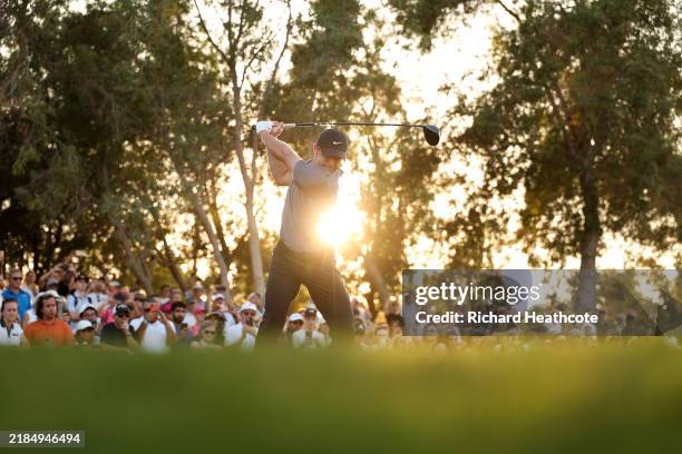 Rory McIlroy of Northern Ireland tee's off at the 18th on day two of the DP World Tour Championship 2024 at Jumeirah Golf Estates on November 15,...