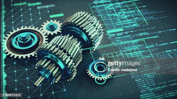 engineering 3d computer aided design concept, with metallic gears on a virtual reality blueprint surface with glowing programming code and infographic overlay. - computer aided design stock pictures, royalty-free photos & images