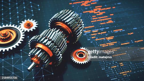 engineering 3d computer aided design concept, with metallic gears on a computer code blueprint surface. high angle composition. - motor imagens e fotografias de stock