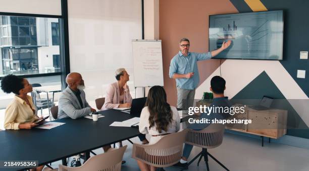 business, man and statistics on tv screen with clients at office for report, presentation and financial growth. people, employees and strategy at boardroom on meeting for review, revenue and profit - revenue stock pictures, royalty-free photos & images