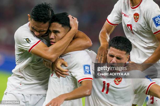 Indonesian national team players celebrate their goal during the 2026 World Cup Asian qualification football match between Saudi Arabia and Indonesia...