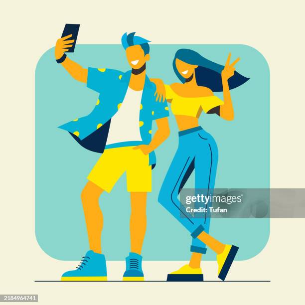 happy couple taking a selfie, posing with peace sign and smiling. vector art representing friendship, fun moments, and social media trends - boyfriend girlfriend stock illustrations