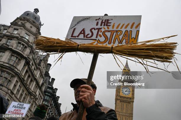 Farmer holds a placard reading "The Last Straw" during a demonstration by farmers over inheritance tax changes, in London, UK, on Tuesday, Nov. 19,...