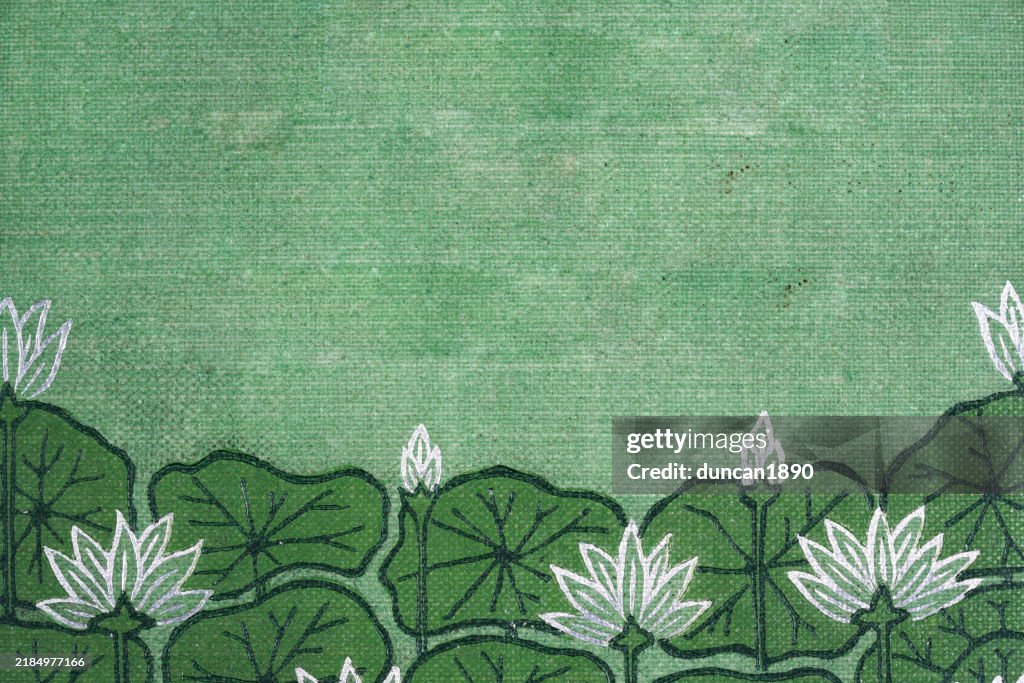 History of Japan, Japanese art, White lotus flowers on a green background, Vintage photograph, 19th Century