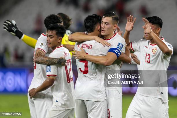 Indonesian national team players celebrate their win against Saudi Arabia during the 2026 World Cup Asian qualification football match at Bung Karno...