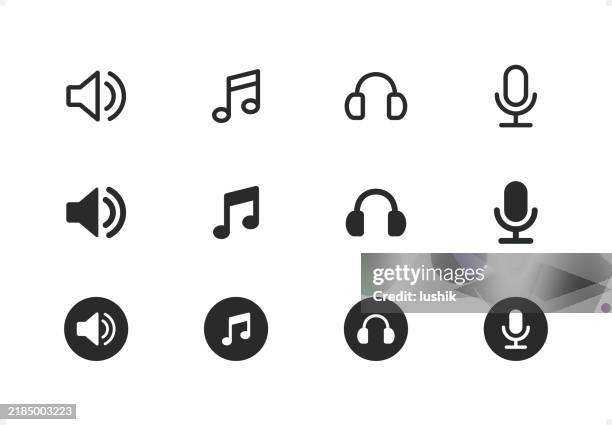 ilustraciones, imágenes clip art, dibujos animados e iconos de stock de conjunto de iconos de música. grosor de trazo editable. píxel perfecto. iconos de estilo lineal y sólido. - notas-musicales