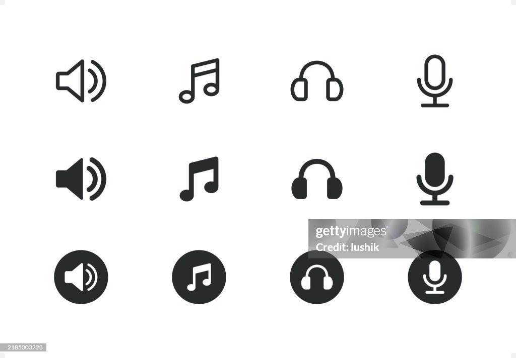 Music icon set. Editable stroke weight. Pixel perfect. Line- and solid-style icons.