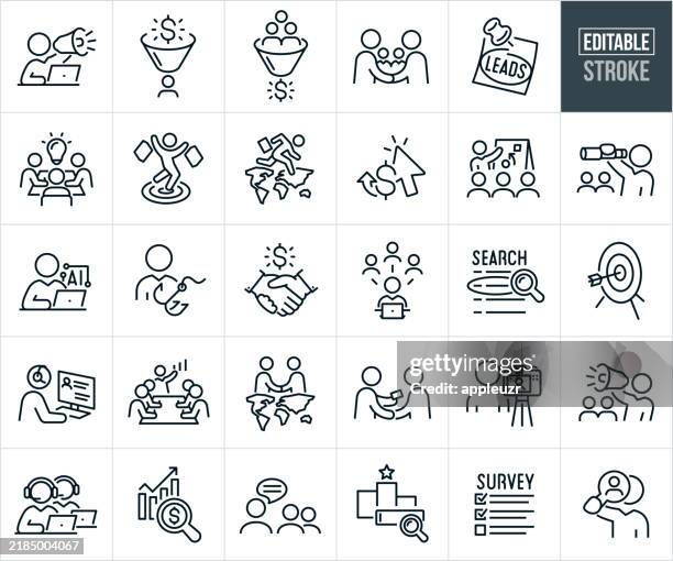 stockillustraties, clipart, cartoons en iconen met lead generation thin line icons - editable stroke - icons include lead gen, lead generation, business leads, marketing, business developement, business strategy, partnership, telemarketing - sales
